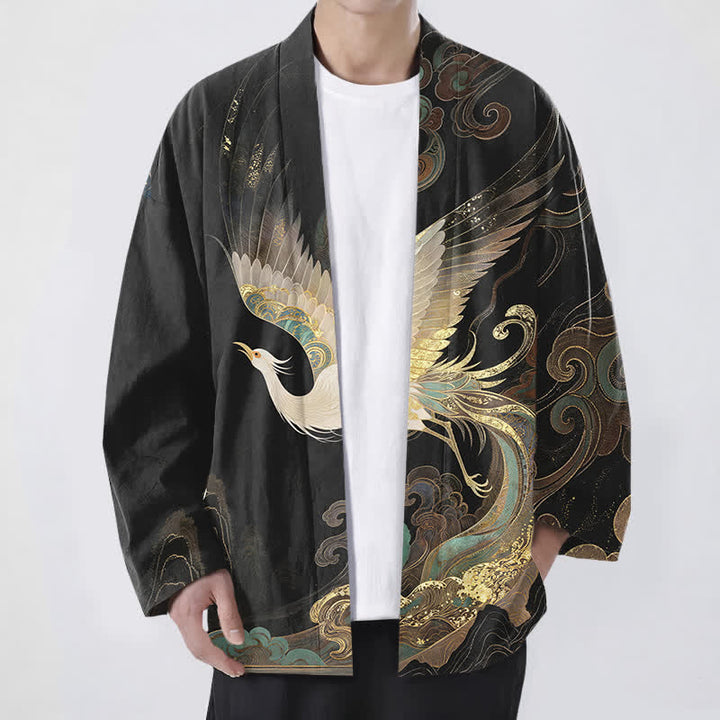 Buddha Stones Bawełniane kimono męskie z odkrytym przodem i wzorem w złote chmury żurawia - Czarny - US/UK/AU48， EU58 (4XL) - image 9