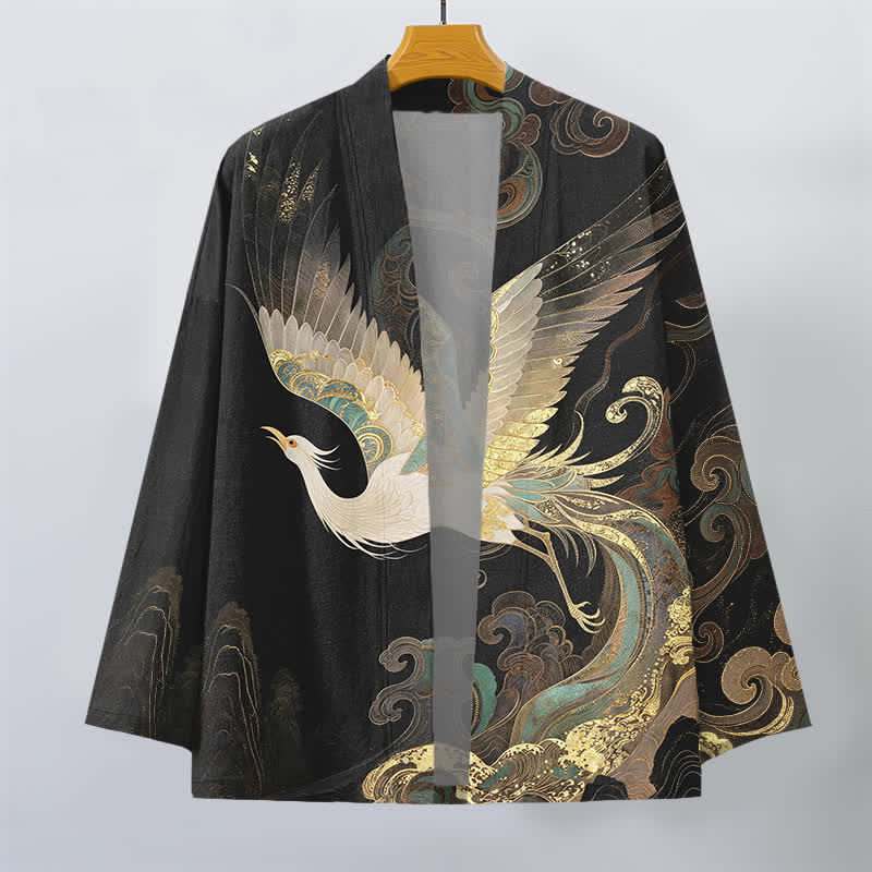 Buddha Stones Bawełniane kimono męskie z odkrytym przodem i wzorem w złote chmury żurawia - image 10