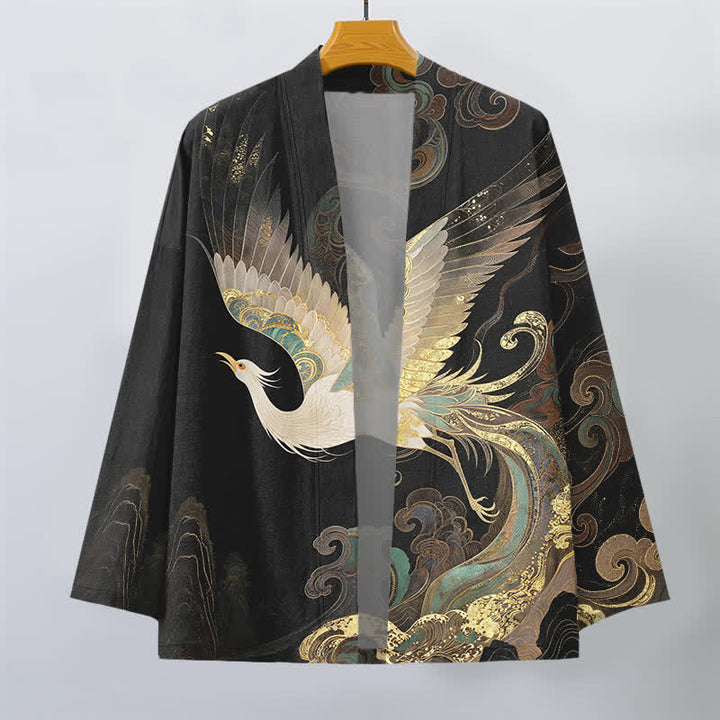 Buddha Stones Bawełniane kimono męskie z odkrytym przodem i wzorem w złote chmury żurawia - image 10