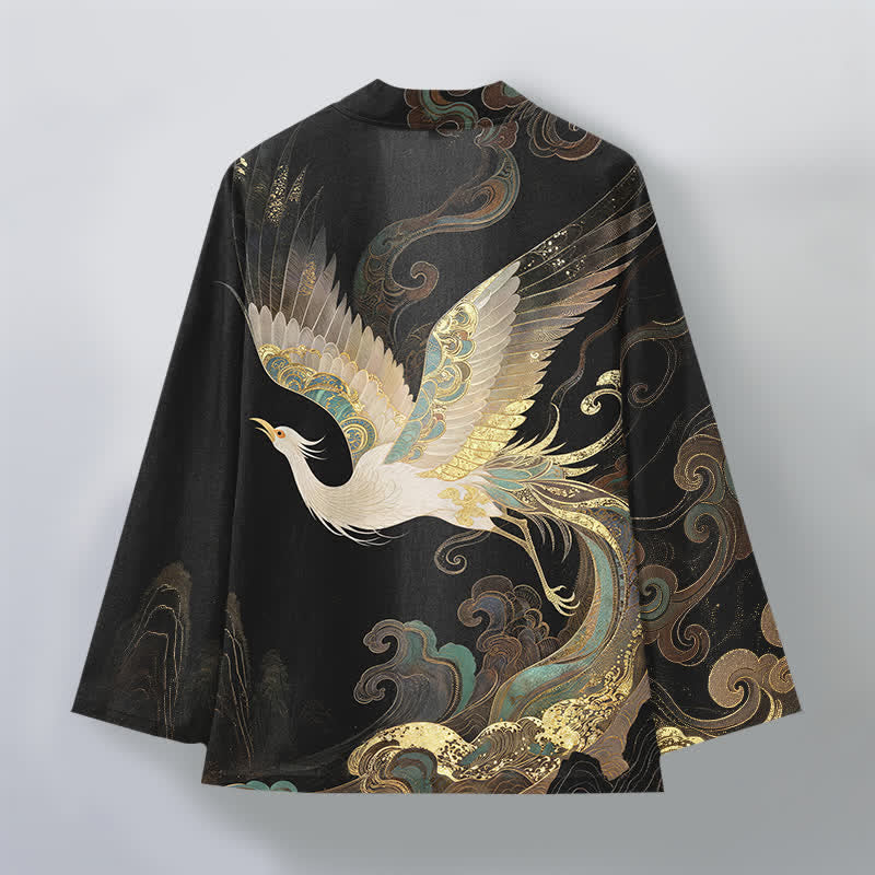 Buddha Stones Bawełniane kimono męskie z odkrytym przodem i wzorem w złote chmury żurawia - image 11