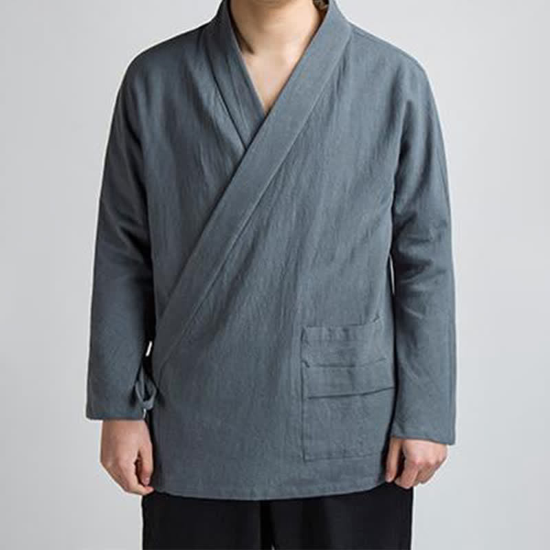 Buddha Stones Wiosenne i jesienne minimalistyczne kimona męskie w stylu Tang ze ściągaczem i solidną bawełną z kieszenią - Łupkowoszary - US/UK/AU44， EU54 (4XL) - image 12