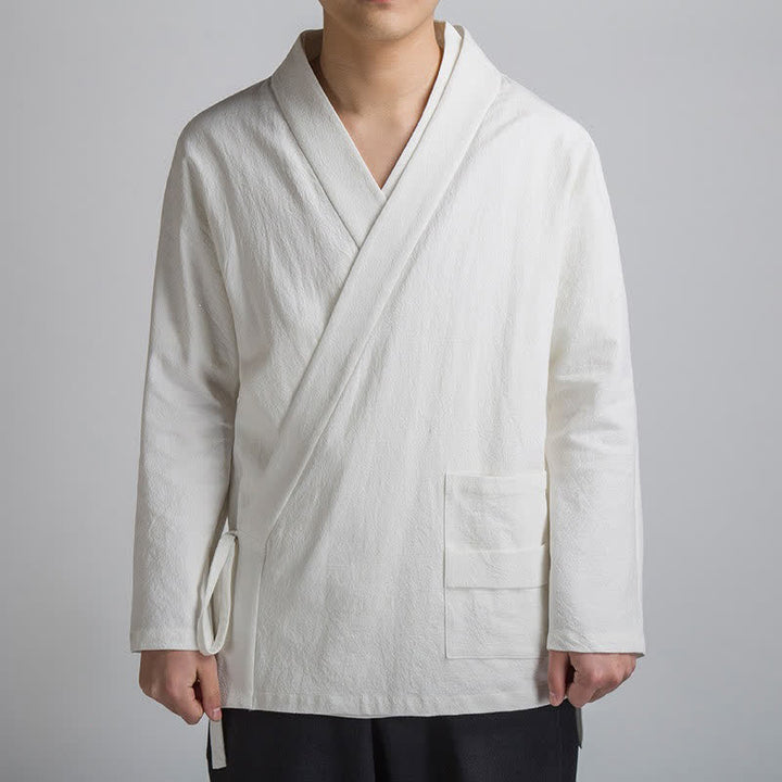 Buddha Stones Wiosenne i jesienne minimalistyczne kimona męskie w stylu Tang ze ściągaczem i solidną bawełną z kieszenią - Biały - US/UK/AU44， EU54 (4XL) - image 13