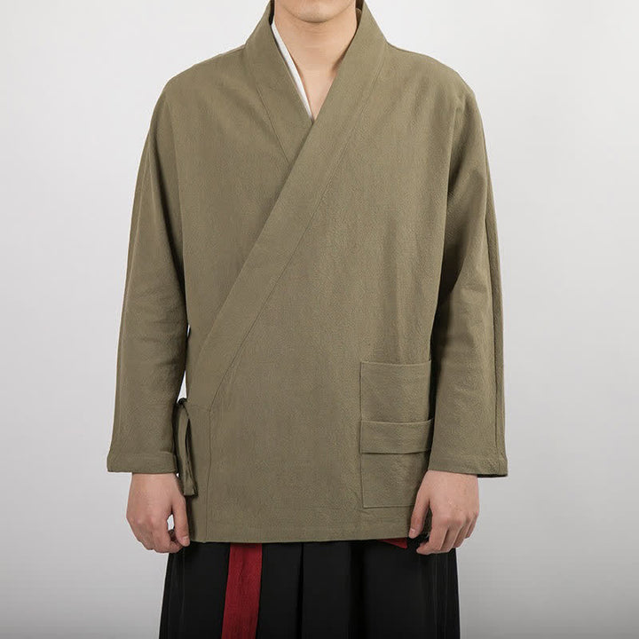 Buddha Stones Wiosenne i jesienne minimalistyczne kimona męskie w stylu Tang ze ściągaczem i solidną bawełną z kieszenią - Ciemny Khaki - US/UK/AU44， EU54 (4XL) - image 4