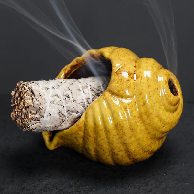 Buddha Stones Ceramiczne kadzielnice oczyszczające Shankha w kształcie muszli konchowej - Żółty - image 13
