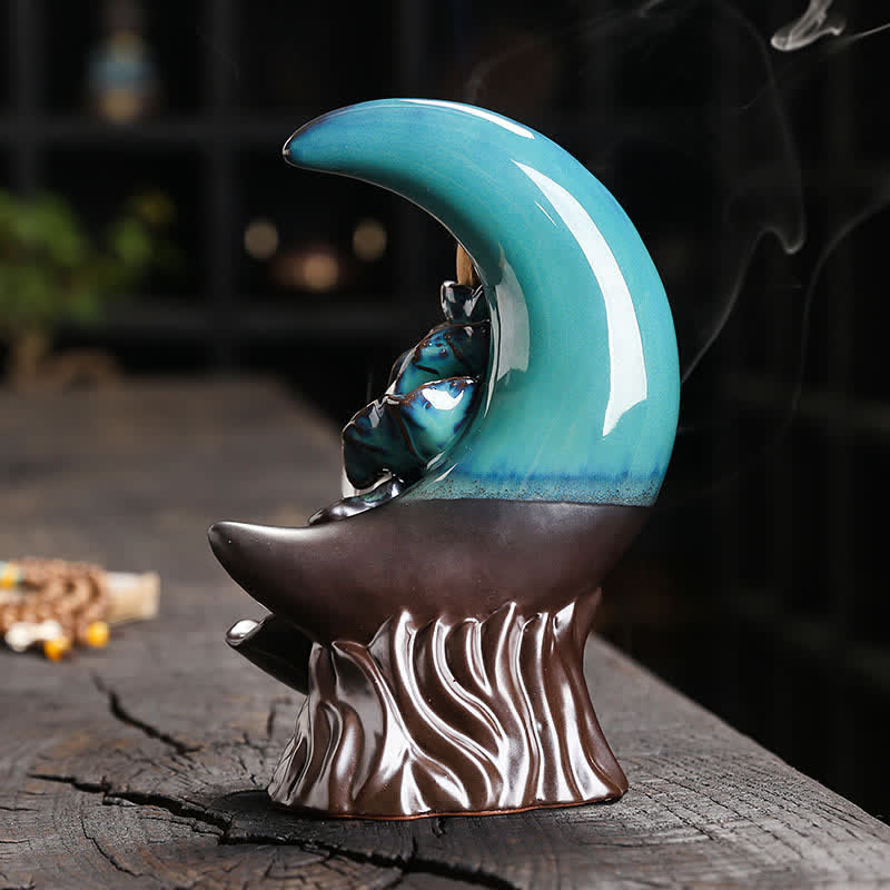 Buddha Stones Kominek kadzielniczy z przepływem zwrotnym w kolorze fioletowej gliny w kształcie półksiężyca i lotosu - image 1