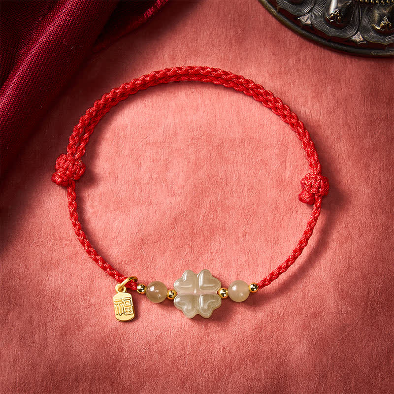 Bransoletka z czerwonego sznurka z Buddha Stones , naturalnego jadeitu hetian, czterolistnej koniczyny i znaku szczęścia - image 1