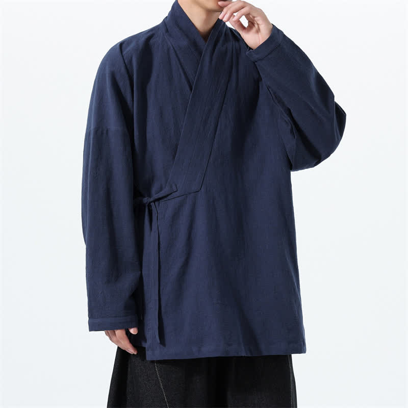 Buddha Stones Jesienno-zimowe, proste, męskie kimono w stylu Tang, ściągane sznurkiem, z solidnej bawełny, z kieszenią - image 1