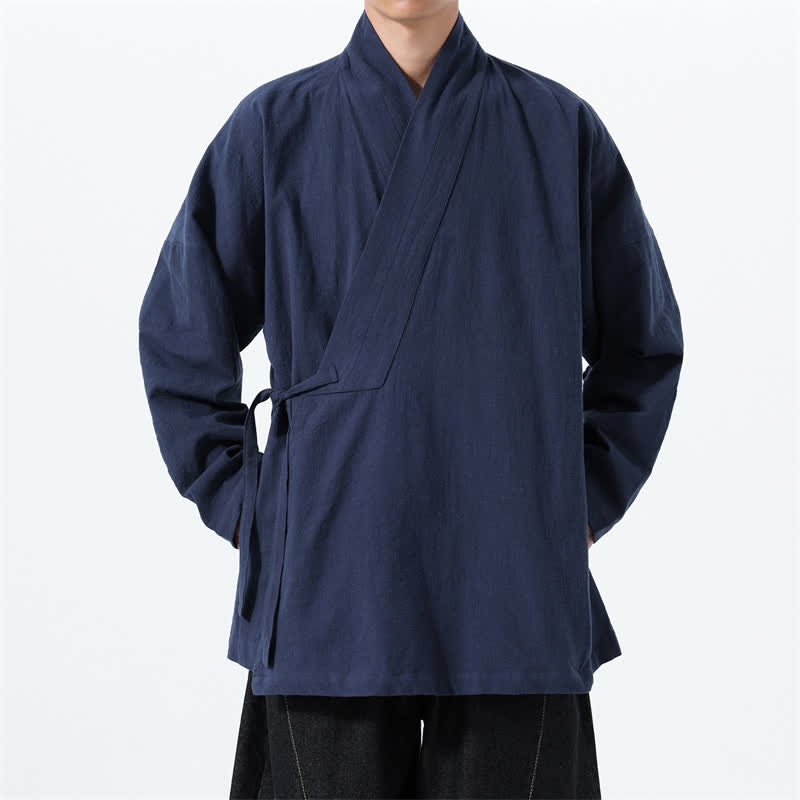 Buddha Stones Jesienno-zimowe, proste, męskie kimono w stylu Tang, ściągane sznurkiem, z solidnej bawełny, z kieszenią - Marynarka wojenna - US/UK/AU46， EU56 (5XL) - image 0