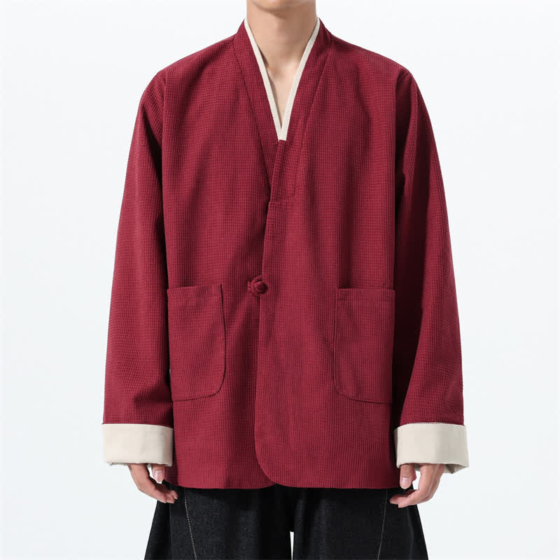 Buddha Stones Jesienna, swobodna męska kurtka w stylu Tang z guzikami żabki i dekoltem w serek, solidna, z kieszeniami - Kasztanowaty - US/UK/AU46， EU56 (5XL) - image 0