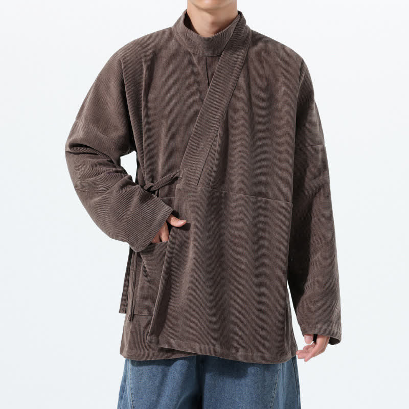Buddha Stones Jesienno-zimowe, swobodne, męskie kimono w stylu Tang, z kołnierzykiem stójkowym i kieszenią - image 1