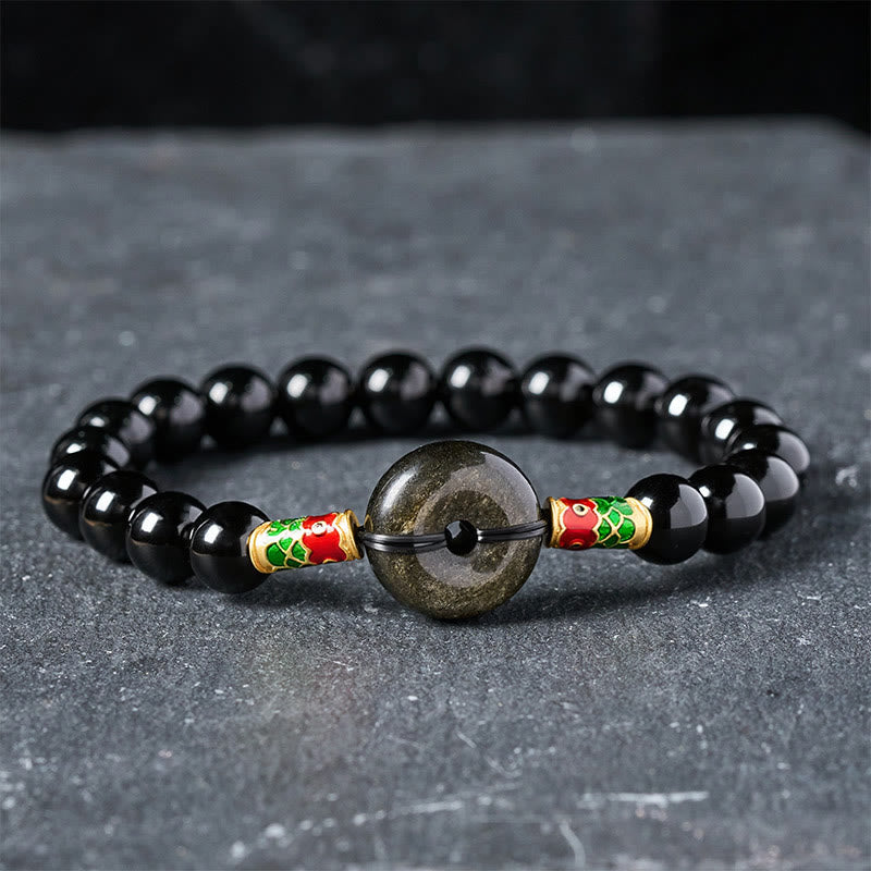 Buddha Stones Bransoletka z okrągłymi koralikami z obsydianu w kolorze złotym i czarnym obsydianem chroniąca ryby koi - Czarny obsydian i złoty obsydian (obwód nadgarstka: 15–16 cm) - image 0