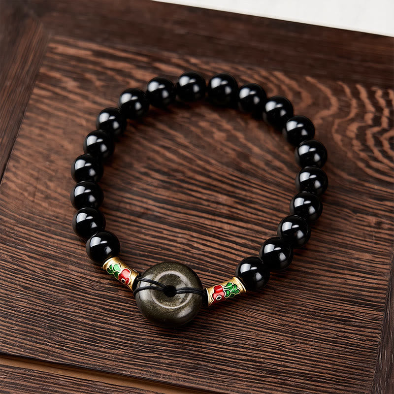 Buddha Stones Bransoletka z okrągłymi koralikami z obsydianu w kolorze złotym i czarnym obsydianem chroniąca ryby koi - image 1