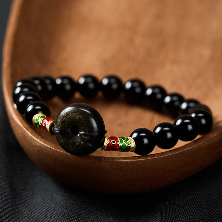 Buddha Stones Bransoletka z okrągłymi koralikami z obsydianu w kolorze złotym i czarnym obsydianem chroniąca ryby koi - image 2
