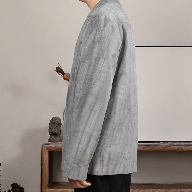 Buddha Stones Jesienno-zimowe kimona męskie w minimalistycznym stylu Tang z długim rękawem i ściągaczem z solidnej bawełny - image 2