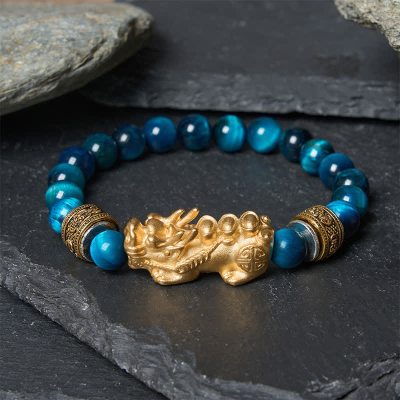 Buddha Stones Bransoletka Pi Xiu Wealth Courage z niebieskimi koralikami tygrysiego oka - Niebieskie tygrysie oko (obwód nadgarstka: 15–16 cm) - image 0