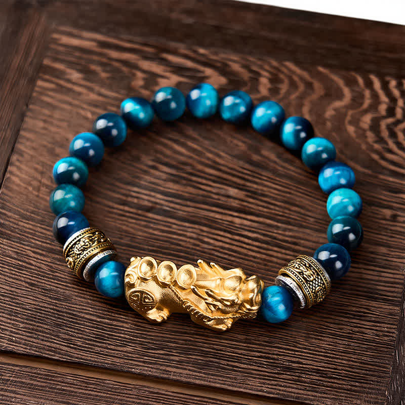 Buddha Stones Bransoletka Pi Xiu Wealth Courage z niebieskimi koralikami tygrysiego oka - image 1
