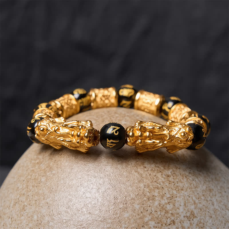 Buddha Stones Bransoletka z okrągłych koralików Pi Xiu Om Mani Padme Hum z czarnego złota - image 3