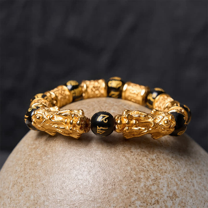 Buddha Stones Bransoletka z okrągłych koralików Pi Xiu Om Mani Padme Hum z czarnego złota - image 3