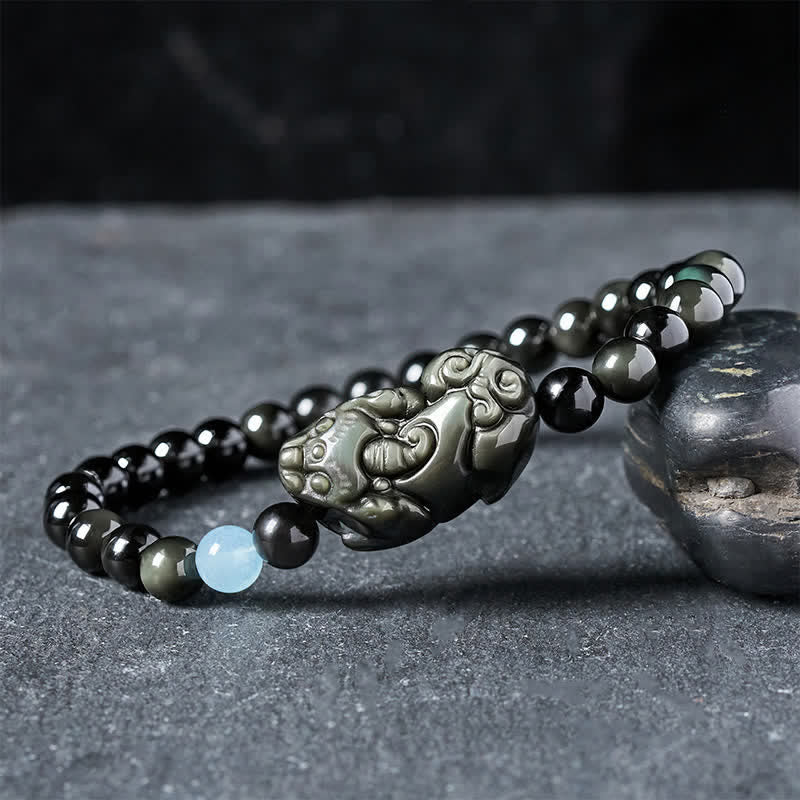 Buddha Stones Bransoletka Pi Xiu z tęczowego obsydianu dla bogactwa i pozytywnej transformacji - Pi Xiu 6 mm (obwód nadgarstka: 5,5–5,9 cala/14–15 cm) - image 0