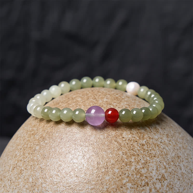Buddha Stones Bransoletka z naturalnych okrągłych koralików z jadeitu hetyjskiego o gradiencie szczęścia - image 2