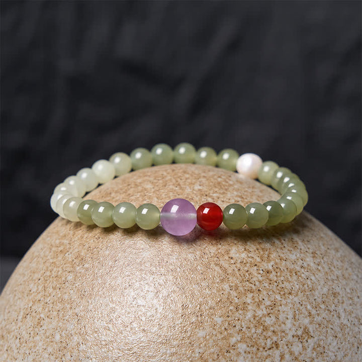 Buddha Stones Bransoletka z naturalnych okrągłych koralików z jadeitu hetyjskiego o gradiencie szczęścia - image 2