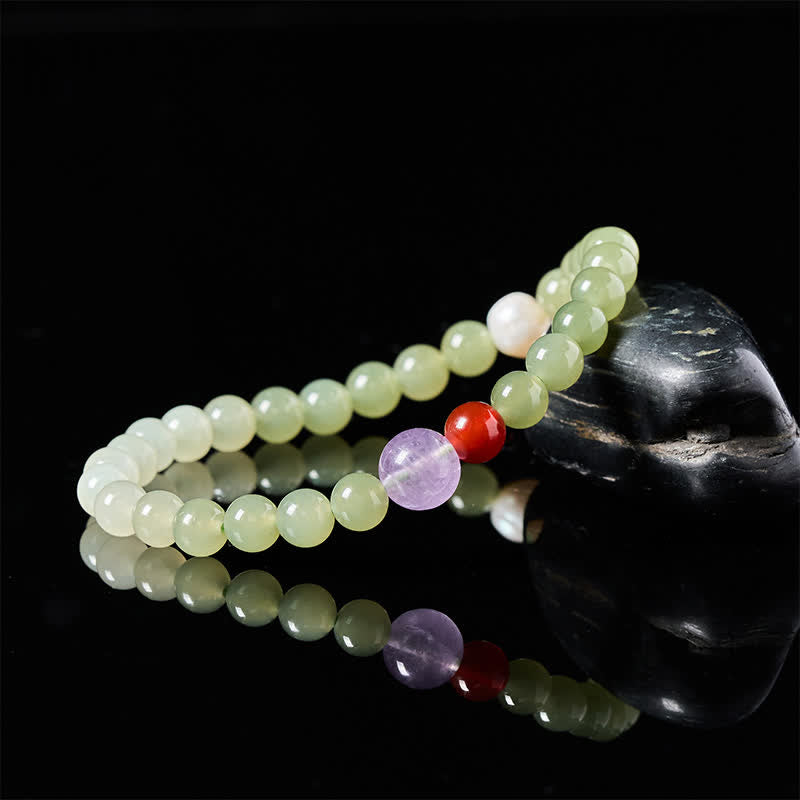 Buddha Stones Bransoletka z naturalnych okrągłych koralików z jadeitu hetyjskiego o gradiencie szczęścia - image 3