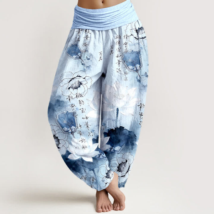 Buddha Stones Spodnie damskie harem z elastyczną talią i motywem kwiatów lotosu z czystej bawełny - LightSkyBlue - US16, UK/AU20, EU48 (3XL) - image 5