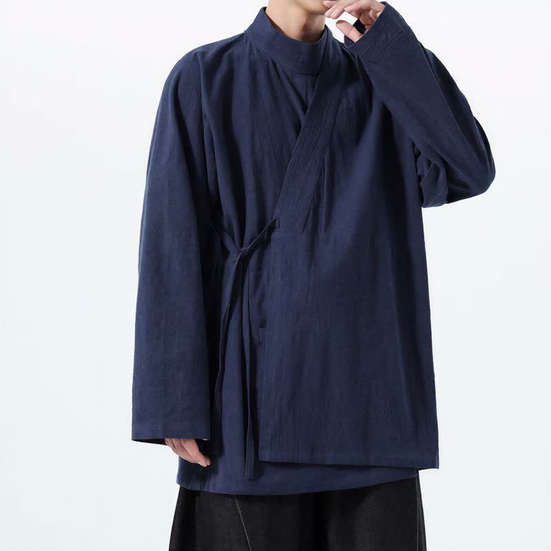 Buddha Stones Kimono męskie na jesień i zimę, w swobodnym stylu Tang, z kołnierzykiem stójkowym, z grubej bawełny, z długim rękawem - image 1