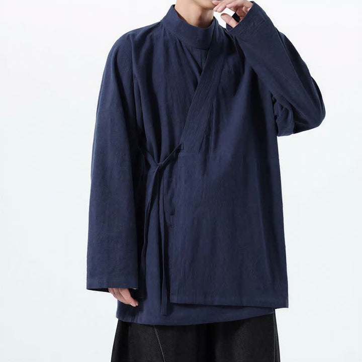 Buddha Stones Kimono męskie na jesień i zimę, w swobodnym stylu Tang, z kołnierzykiem stójkowym, z grubej bawełny, z długim rękawem - image 1