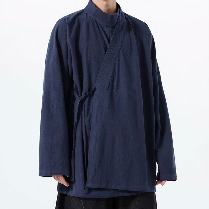 Buddha Stones Kimono męskie na jesień i zimę, w swobodnym stylu Tang, z kołnierzykiem stójkowym, z grubej bawełny, z długim rękawem - image 2