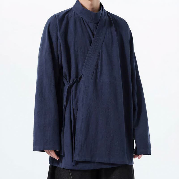Buddha Stones Kimono męskie na jesień i zimę, w swobodnym stylu Tang, z kołnierzykiem stójkowym, z grubej bawełny, z długim rękawem - image 2