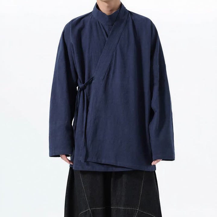 Buddha Stones Kimono męskie na jesień i zimę, w swobodnym stylu Tang, z kołnierzykiem stójkowym, z grubej bawełny, z długim rękawem - MidnightBlue - US/UK/AU46， EU56 (5XL) - image 0