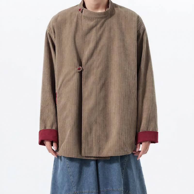 Buddha Stones Jesienno-zimowa, swobodna, męska kurtka w stylu Tang, kołnierzyk stójkowy, solidny sztruks, dwustronna, z kieszenią - Khaki - US/UK/AU46， EU56 (5XL) - image 18