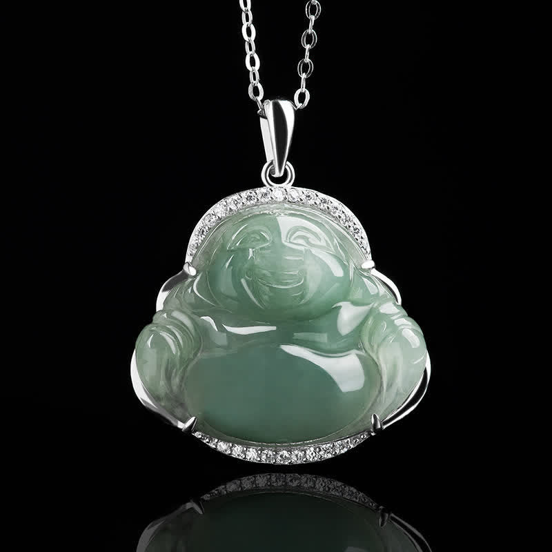 Buddha Stones Naszyjnik z tytanową stalową wisiorką z zawieszką szczęścia z zielonego jadeitu w kształcie śmiejącego się Buddy - image 4