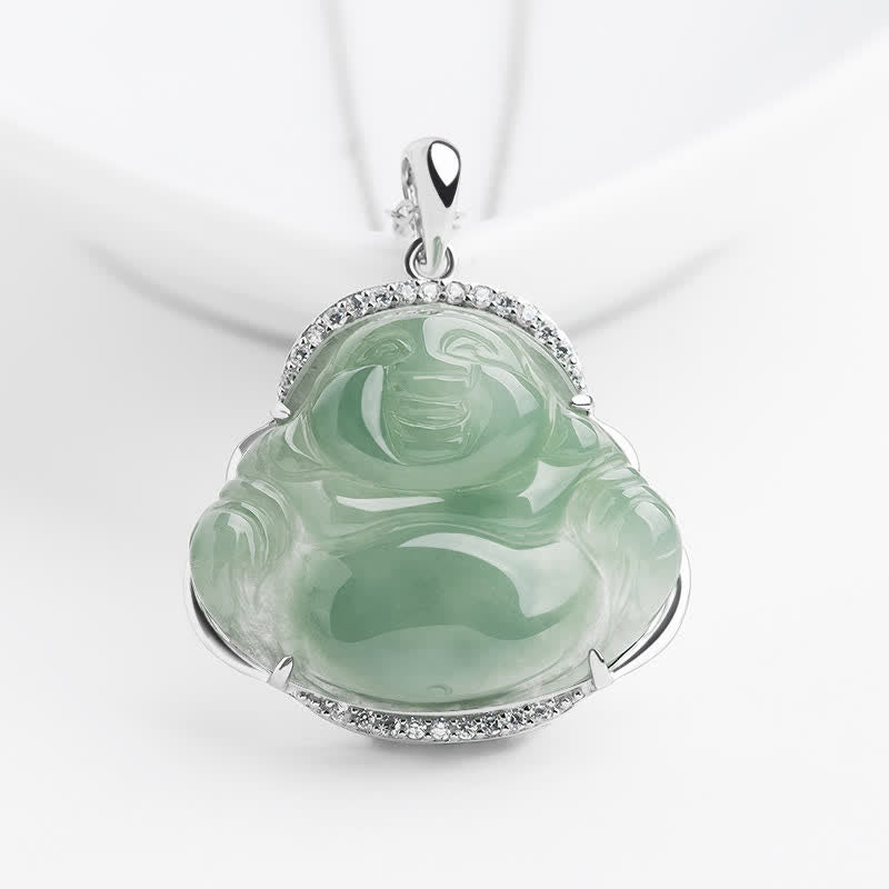 Buddha Stones Naszyjnik z tytanową stalową wisiorką z zawieszką szczęścia z zielonego jadeitu w kształcie śmiejącego się Buddy - Jadeit (Szczęście ♥Ochrona) - Łańcuch ze stali tytanowej - image 0