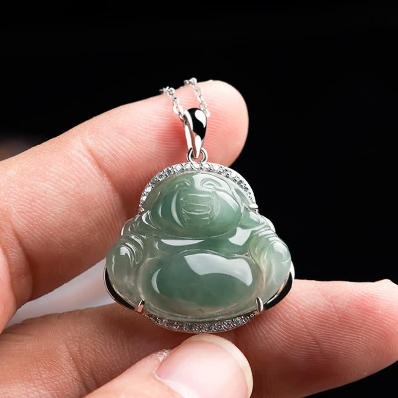 Buddha Stones Naszyjnik z tytanową stalową wisiorką z zawieszką szczęścia z zielonego jadeitu w kształcie śmiejącego się Buddy - image 7