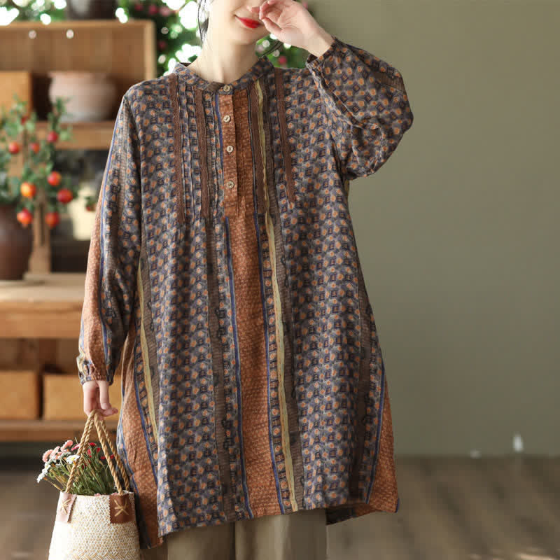 Buddha Stones Wiosenno-jesienna sukienka w stylu retro boho z długim rękawem i kieszeniami, w paski i kwiaty - Ciemna Nawłoć - US14, UK/AU18, EU46 (2XL) - image 0