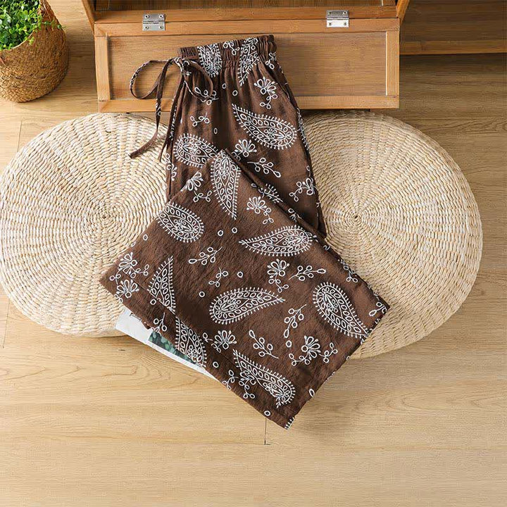 Buddha Stones Spodnie damskie do kostek w stylu boho, wiosenne i letnie, z prostymi nogawkami i kieszeniami, ściągane sznurkiem i wzorem paisley - image 2