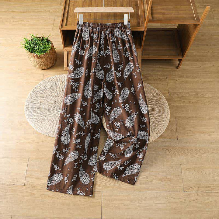 Buddha Stones Spodnie damskie do kostek w stylu boho, wiosenne i letnie, z prostymi nogawkami i kieszeniami, ściągane sznurkiem i wzorem paisley - image 1