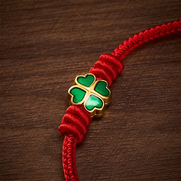 Buddha Stones Bransoletka na szczęście z czerwonej liny w kształcie serca z zieloną czterolistną koniczyną - image 4