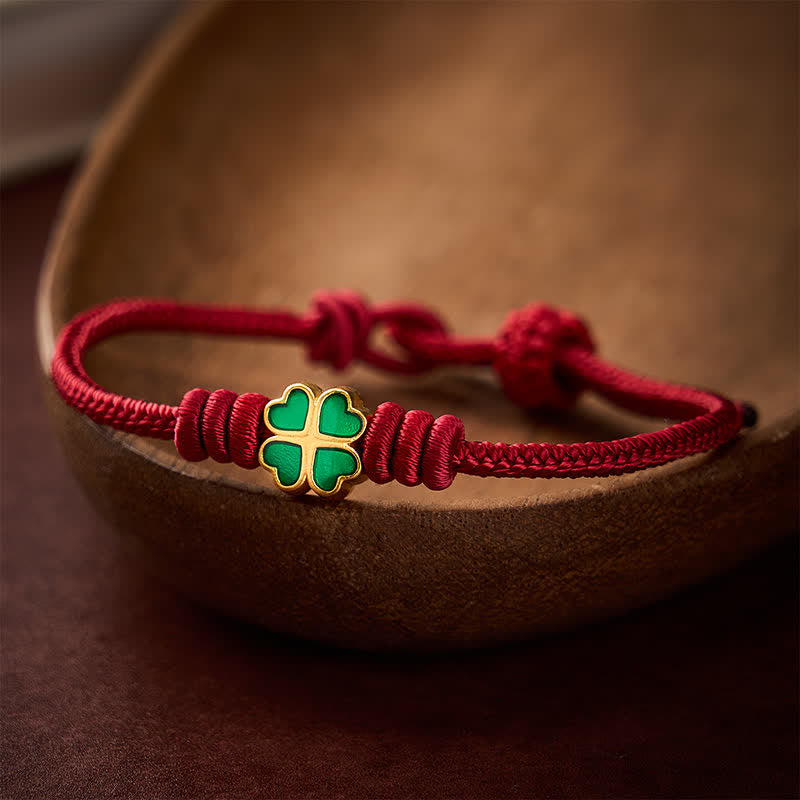 Buddha Stones Bransoletka na szczęście z czerwonej liny w kształcie serca z zieloną czterolistną koniczyną - image 12
