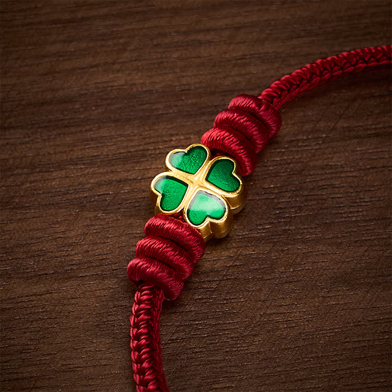 Buddha Stones Bransoletka na szczęście z czerwonej liny w kształcie serca z zieloną czterolistną koniczyną - image 13