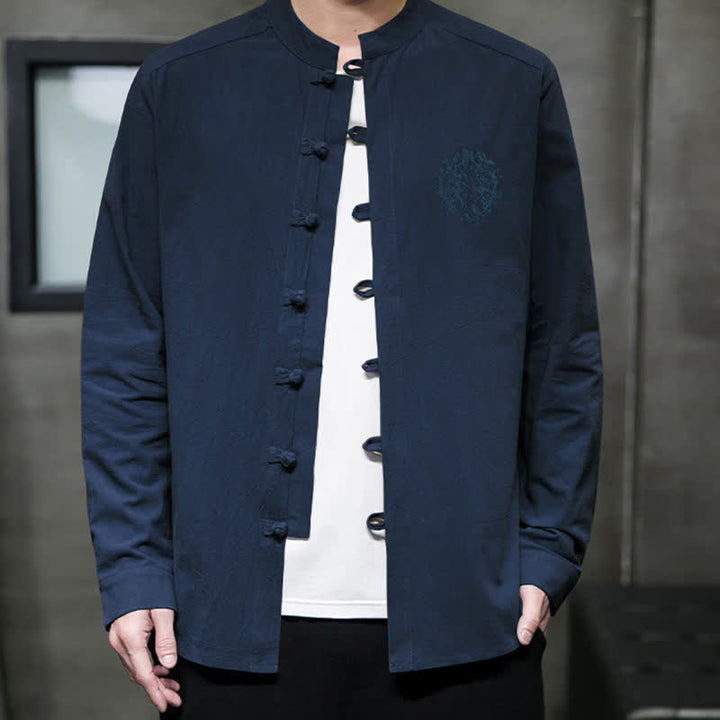 Buddha Stones Koszule męskie z długim rękawem, wiosenno-jesienne, w stylu Tang, z haftem żabki i guzikami - MidnightBlue - US/UK/AU46, EU56 (5XL) - image 15