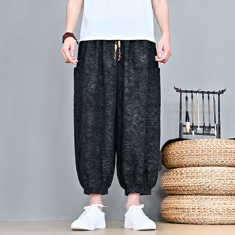 Buddha Stones Spodnie Capri męskie w stylu haremowym z kieszenią, wiosenne i letnie, swobodne, boho, ze ściągaczem i abstrakcyjnymi motywami - Czarny - US/UK/AU48, EU58 (5XL) - image 14
