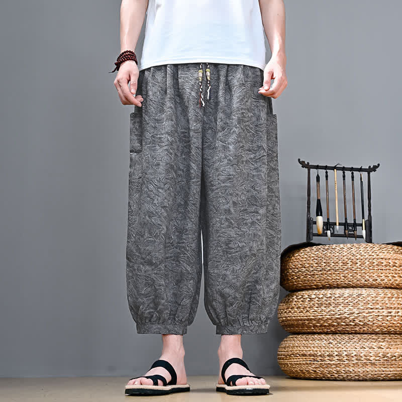 Buddha Stones Spodnie Capri męskie w stylu haremowym z kieszenią, wiosenne i letnie, swobodne, boho, ze ściągaczem i abstrakcyjnymi motywami - Jasnoszary - US/UK/AU48, EU58 (5XL) - image 7
