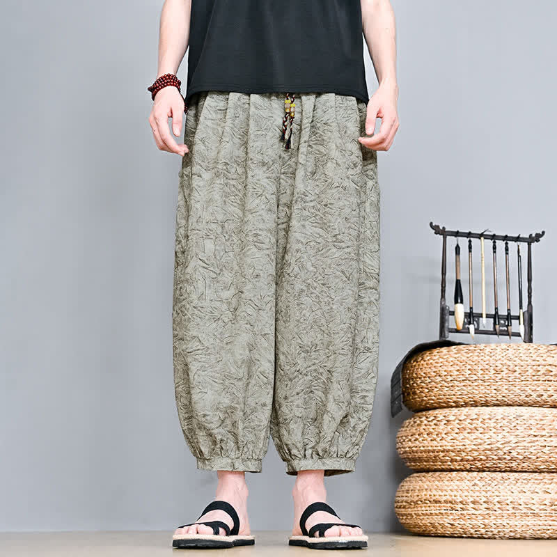 Buddha Stones Spodnie Capri męskie w stylu haremowym z kieszenią, wiosenne i letnie, swobodne, boho, ze ściągaczem i abstrakcyjnymi motywami - Ciemny Khaki - US/UK/AU48, EU58 (5XL) - image 0