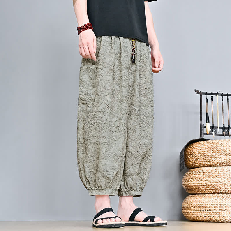 Buddha Stones Spodnie Capri męskie w stylu haremowym z kieszenią, wiosenne i letnie, swobodne, boho, ze ściągaczem i abstrakcyjnymi motywami - image 3