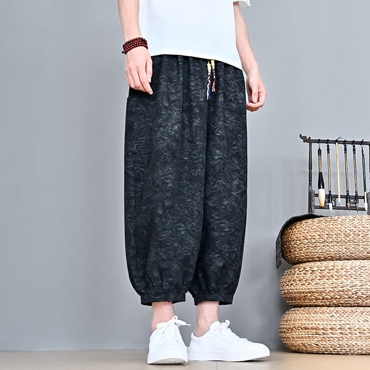Buddha Stones Spodnie Capri męskie w stylu haremowym z kieszenią, wiosenne i letnie, swobodne, boho, ze ściągaczem i abstrakcyjnymi motywami - image 17