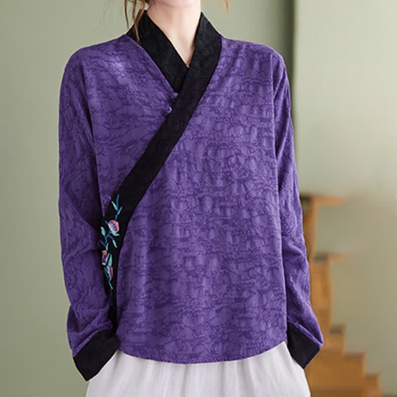 Buddha Stones Wiosenno-jesienna elegancka damska koszula z długim rękawem i haftem kwiatowym w stylu Tang - RebeccaPurple - US8-10, UK/AU12-14, EU40-42 (2XL) - image 5