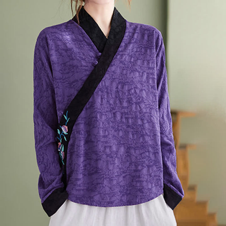 Buddha Stones Wiosenno-jesienna elegancka damska koszula z długim rękawem i haftem kwiatowym w stylu Tang - RebeccaPurple - US8-10, UK/AU12-14, EU40-42 (2XL) - image 5